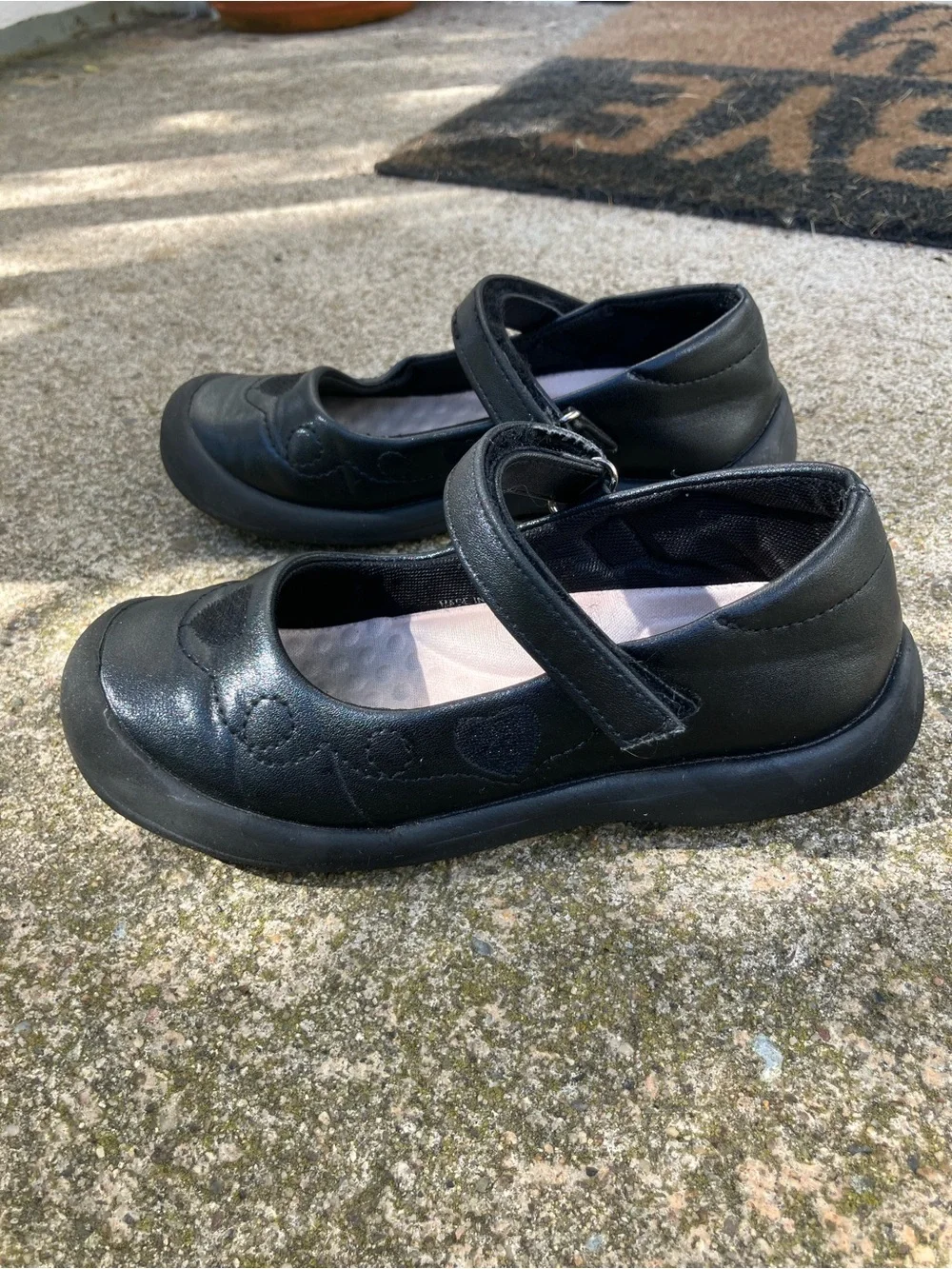 Kids Black Mary Jane Leather Shoes with Heart Detail